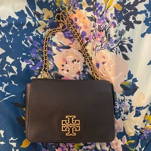 Tory Burch Britten Black Pebble Leather Adjustable Chain Shoulder Tote Handbag